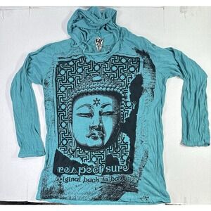 Sure Buddha Graphic Hoodie Long Sleeve Shirt Teal Boho Festival Top 2XL
